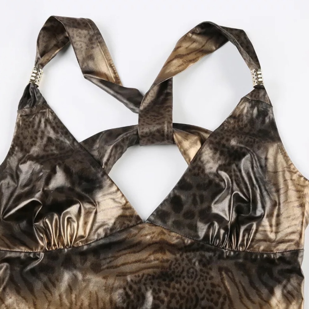 Vintage Leopard Print Gold Y2K Aesthetic Sleeveless Crop Top Women Sexy Backless - Picture 7 of 9